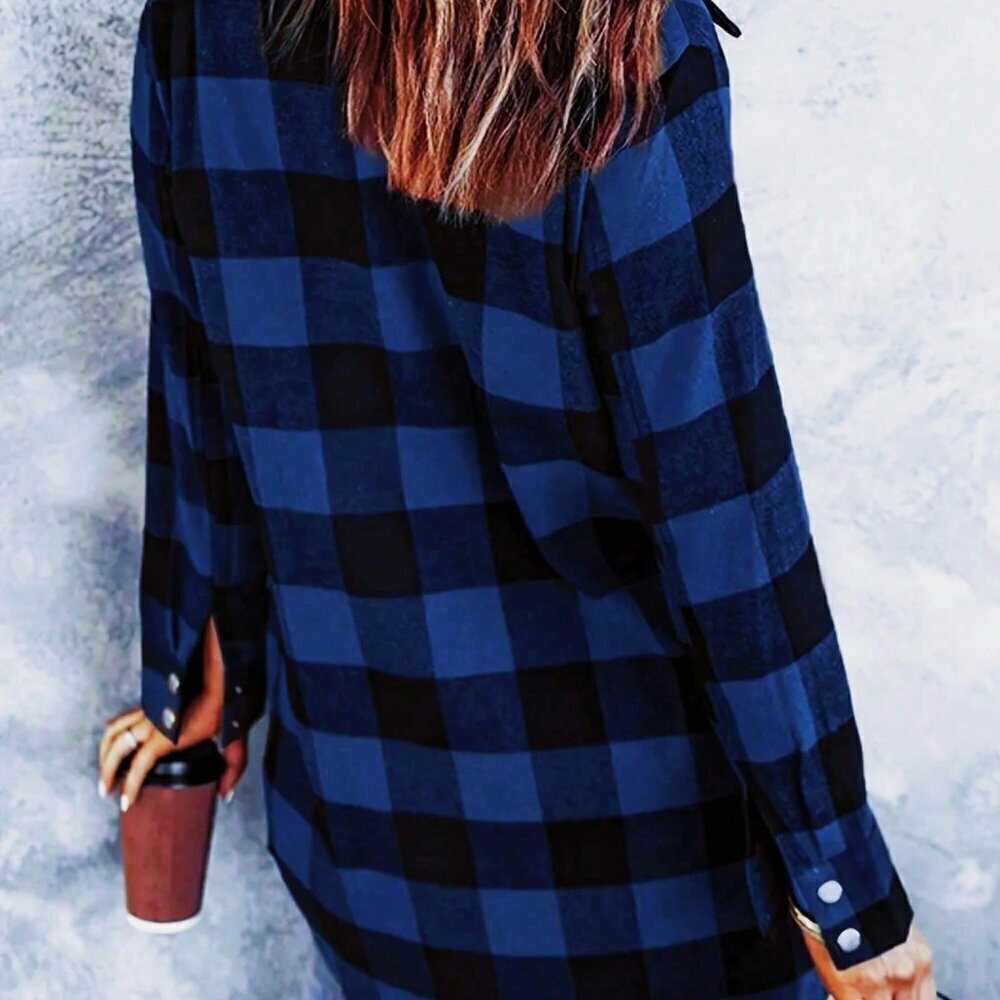 Blue Casual Women's Plaid Long Sleeve Loose Casual Blouse - Picture 3 of 3